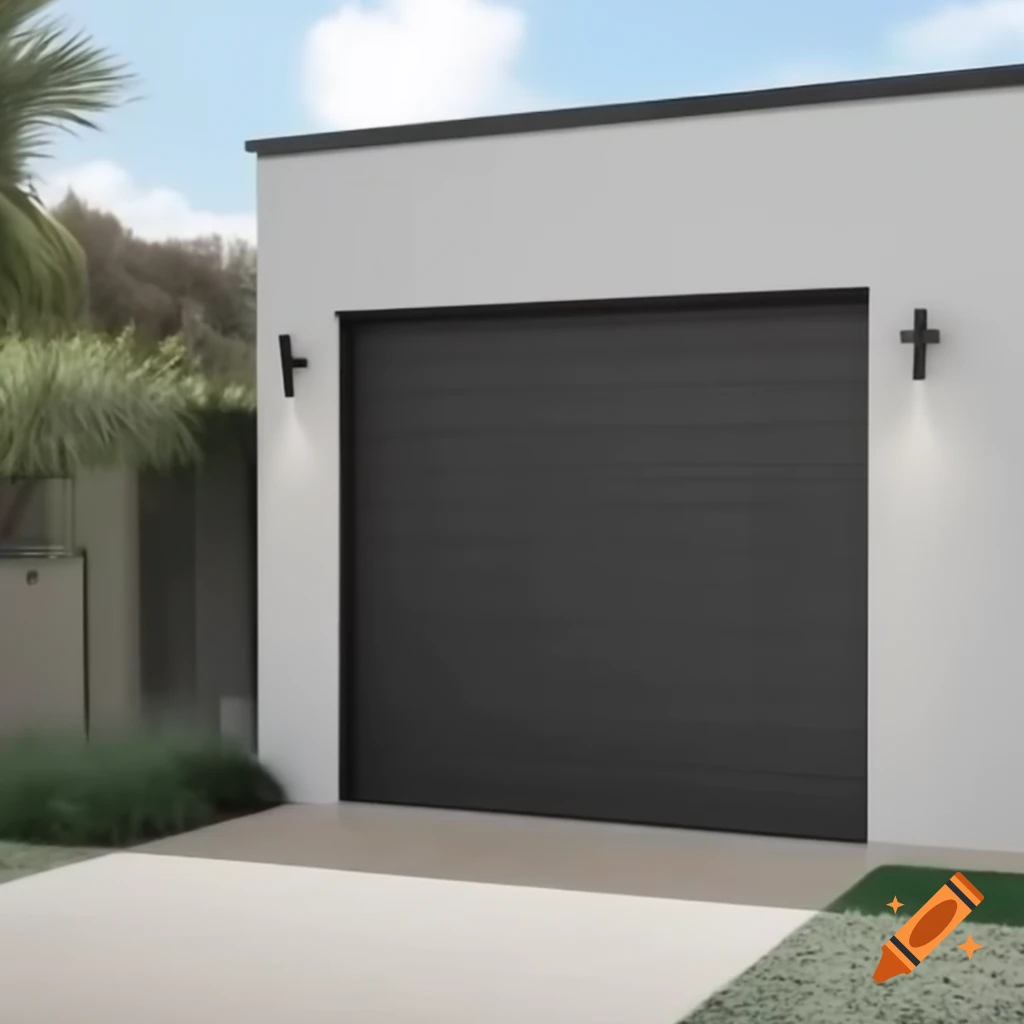 Metal garage door with vertical door on the left, extending 30 cm from the facade