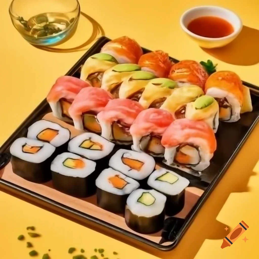 Sushi set featuring California Love Roll with mascarpone cheese, mango, avocado, and ebi tempura