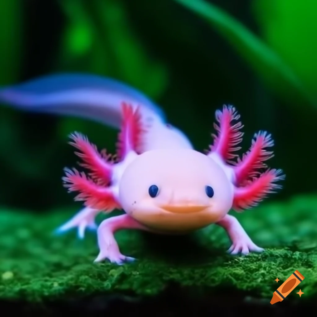 Axolotl swimming in clear water with pink skin and vibrant red feathery gills