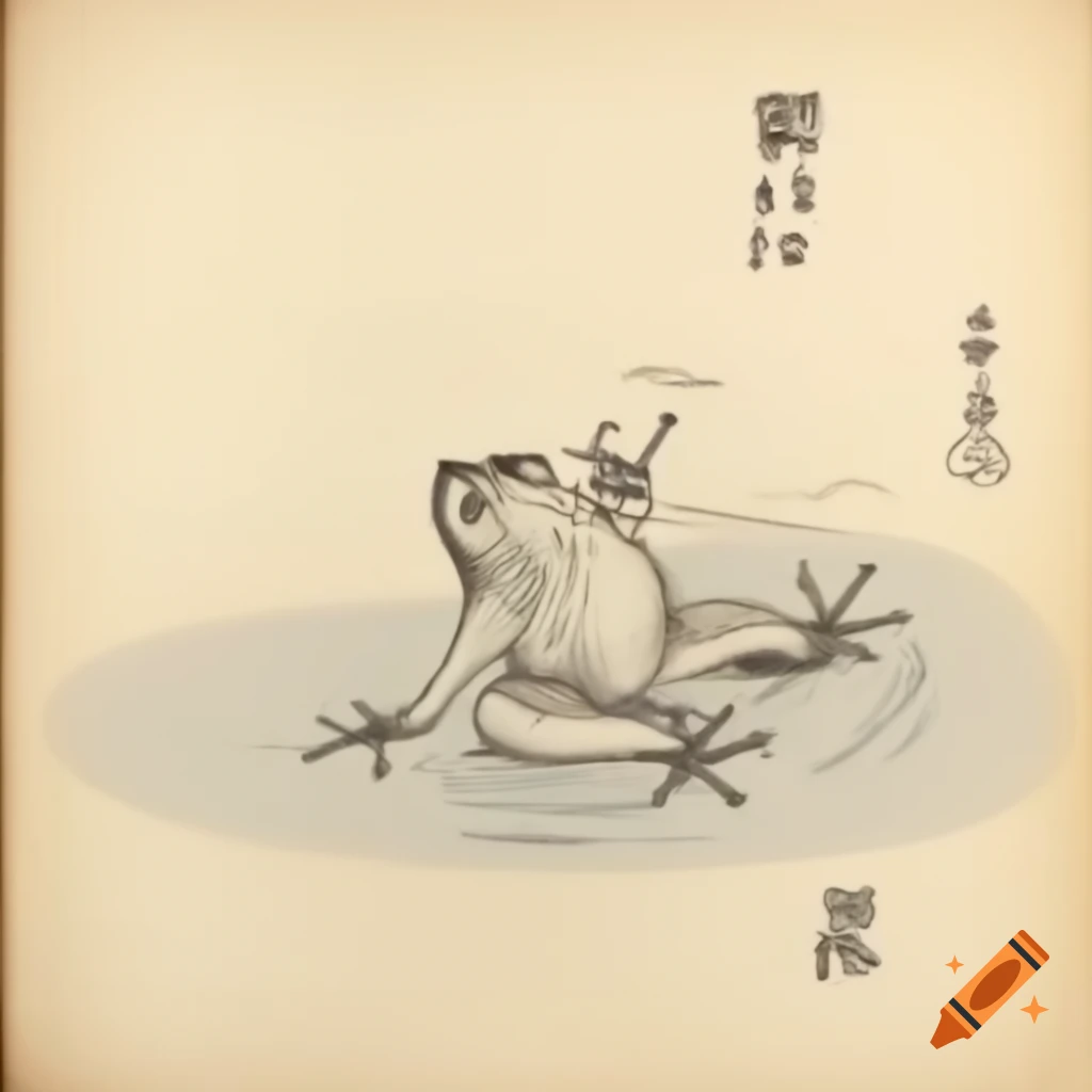 Frog jumping into old pond with splash, Edo period style, ink and calligraphy