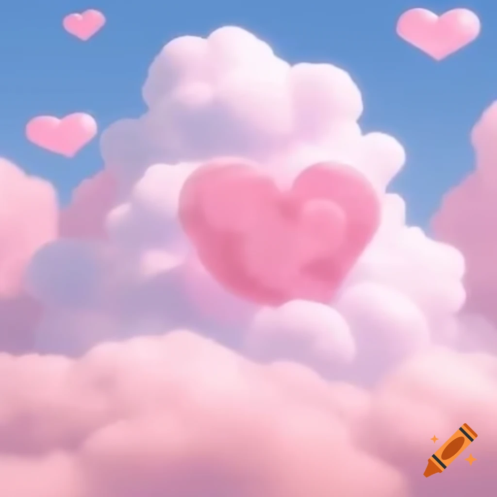 Pink aesthetic background with Valentine-themed clouds in the sky