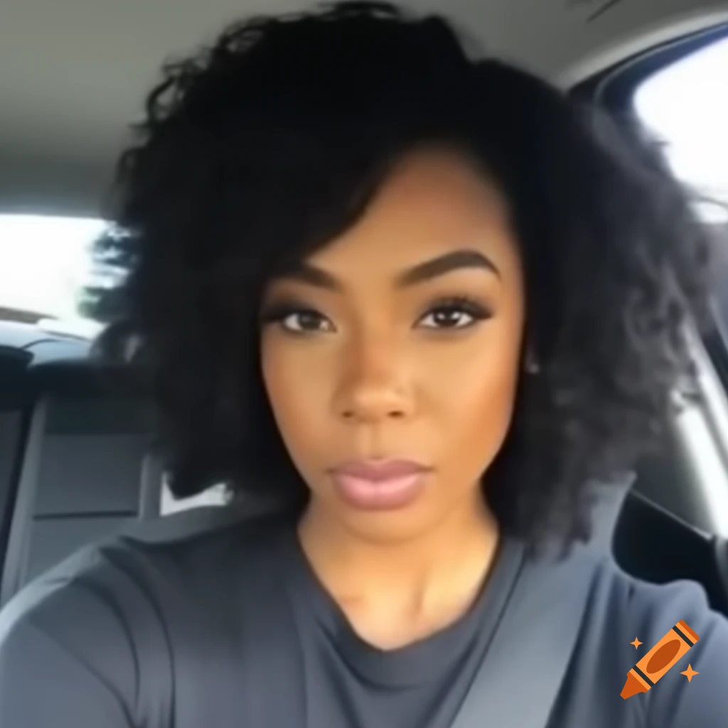 Black woman with loose curls taking a selfie in a car