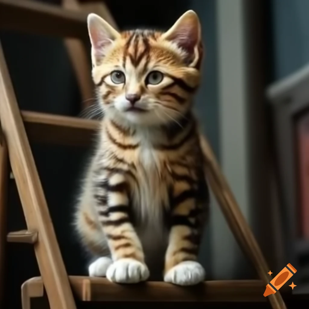 Hyper-realistic kitten climbing a ladder