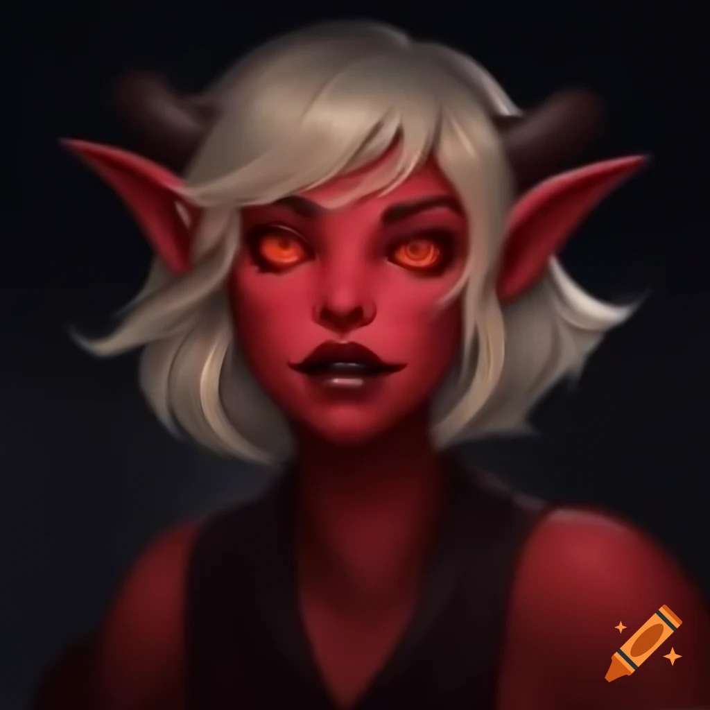 Portrait of Tiefling with red skin, dark horns, and runic writing on ...