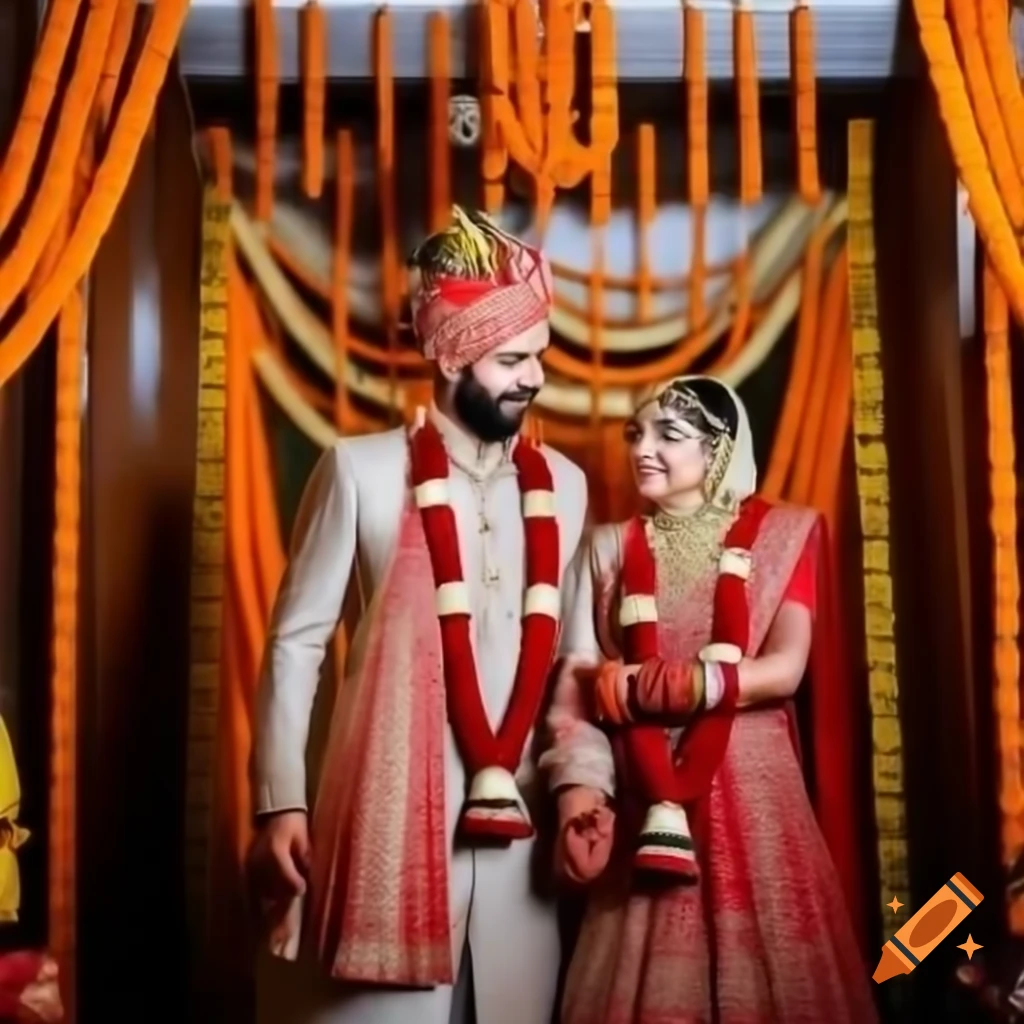 Handsome groom and beautiful bride entering home during Indian wedding, Uttar Pradesh