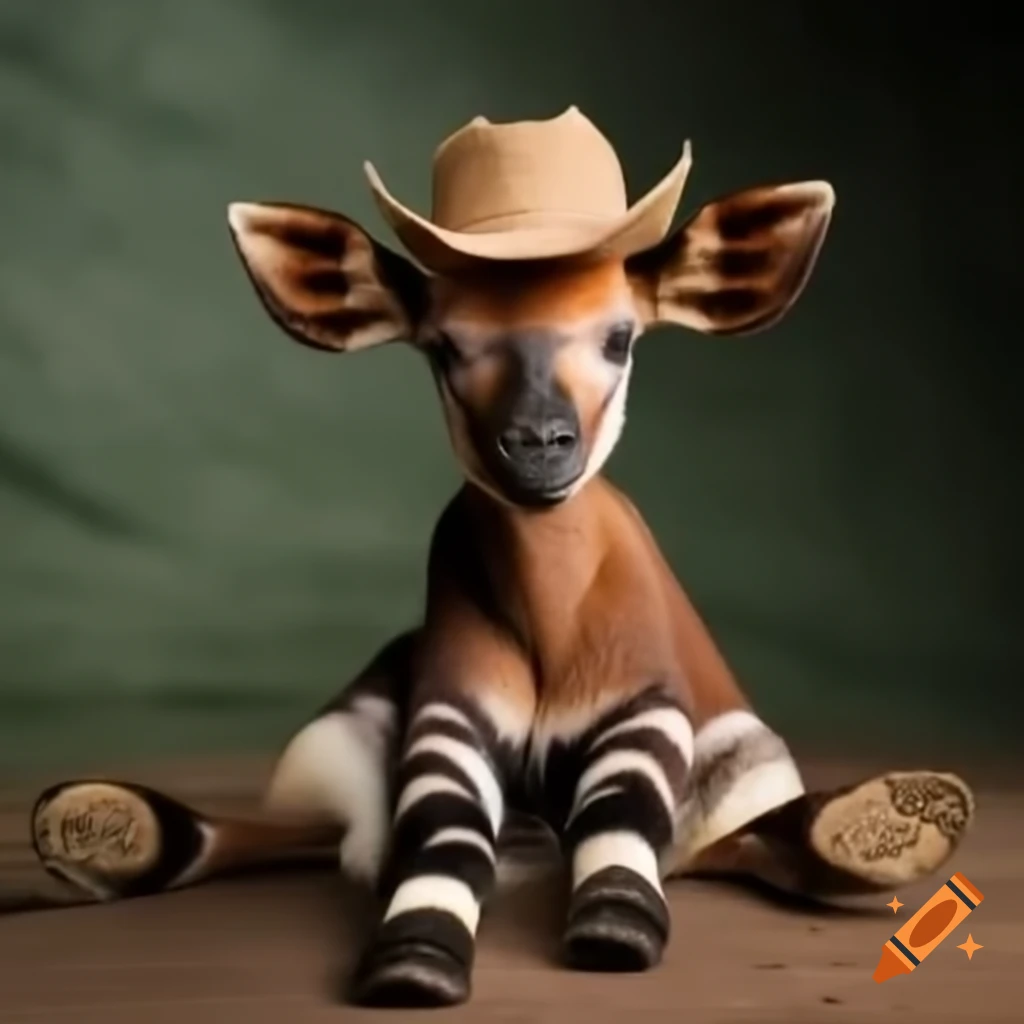 Okapi wearing cowboy hat and boots posing for camera