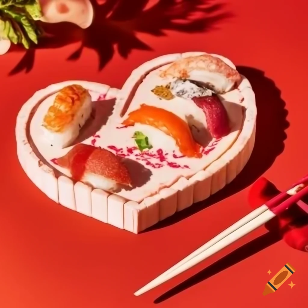 Valentine's Day sushi arrangement with heart-shaped nigiri