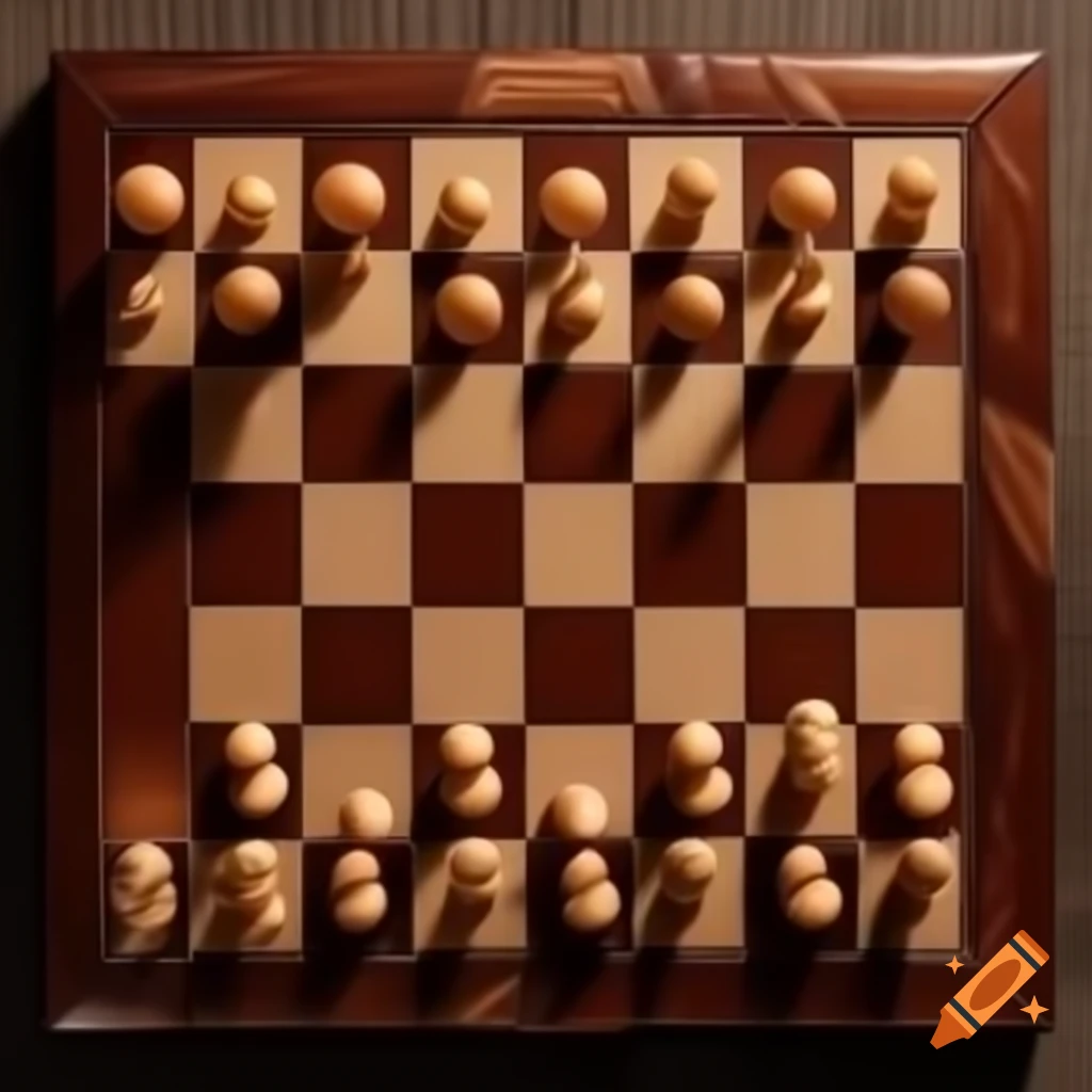 Intricately carved checkers on polished chestnut board with light and shadow effects