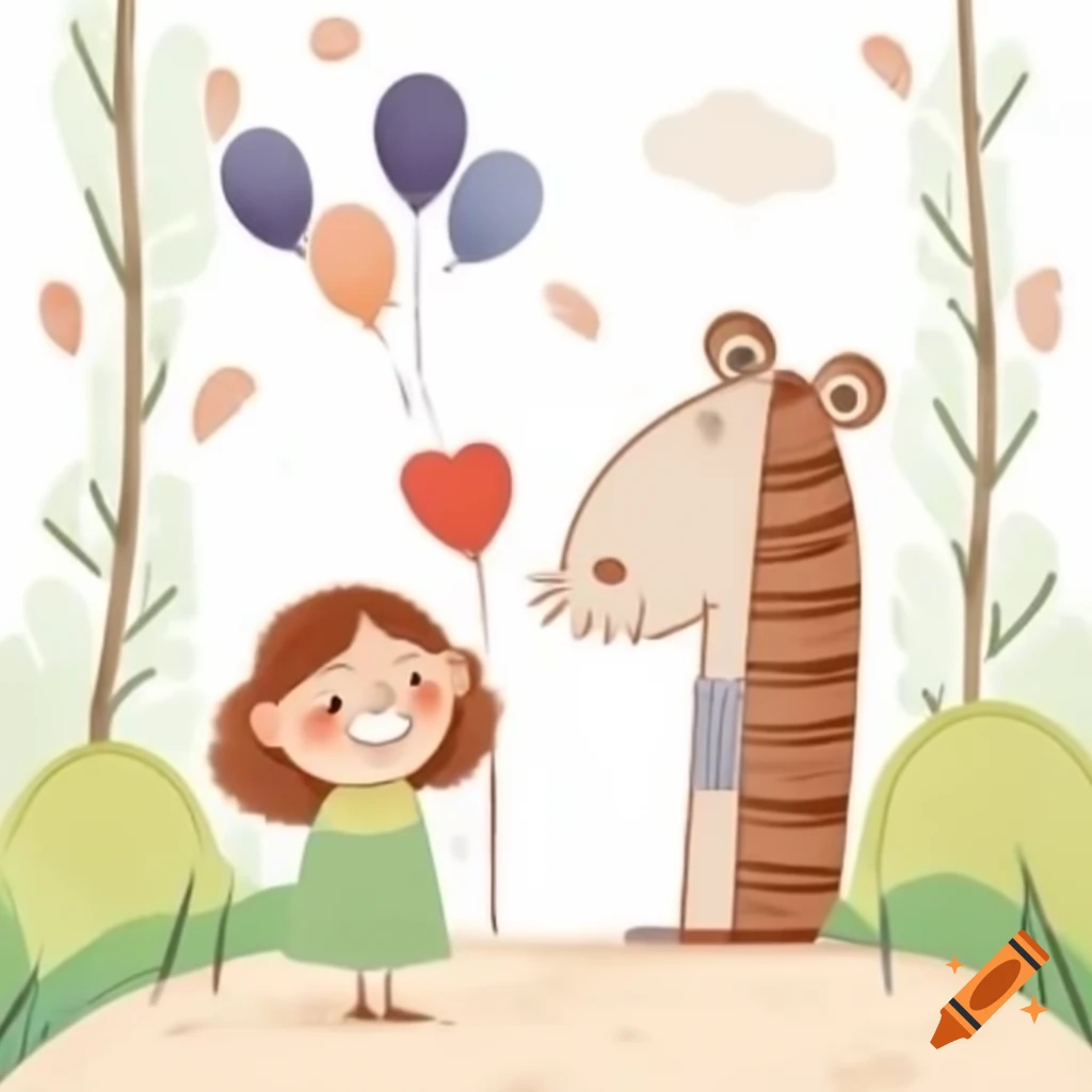 Happy zoo entrance illustration with kids holding balloons in storybook style