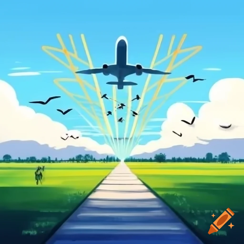 Technological illustration of an airplane landing on an infrared grid pathway with birds