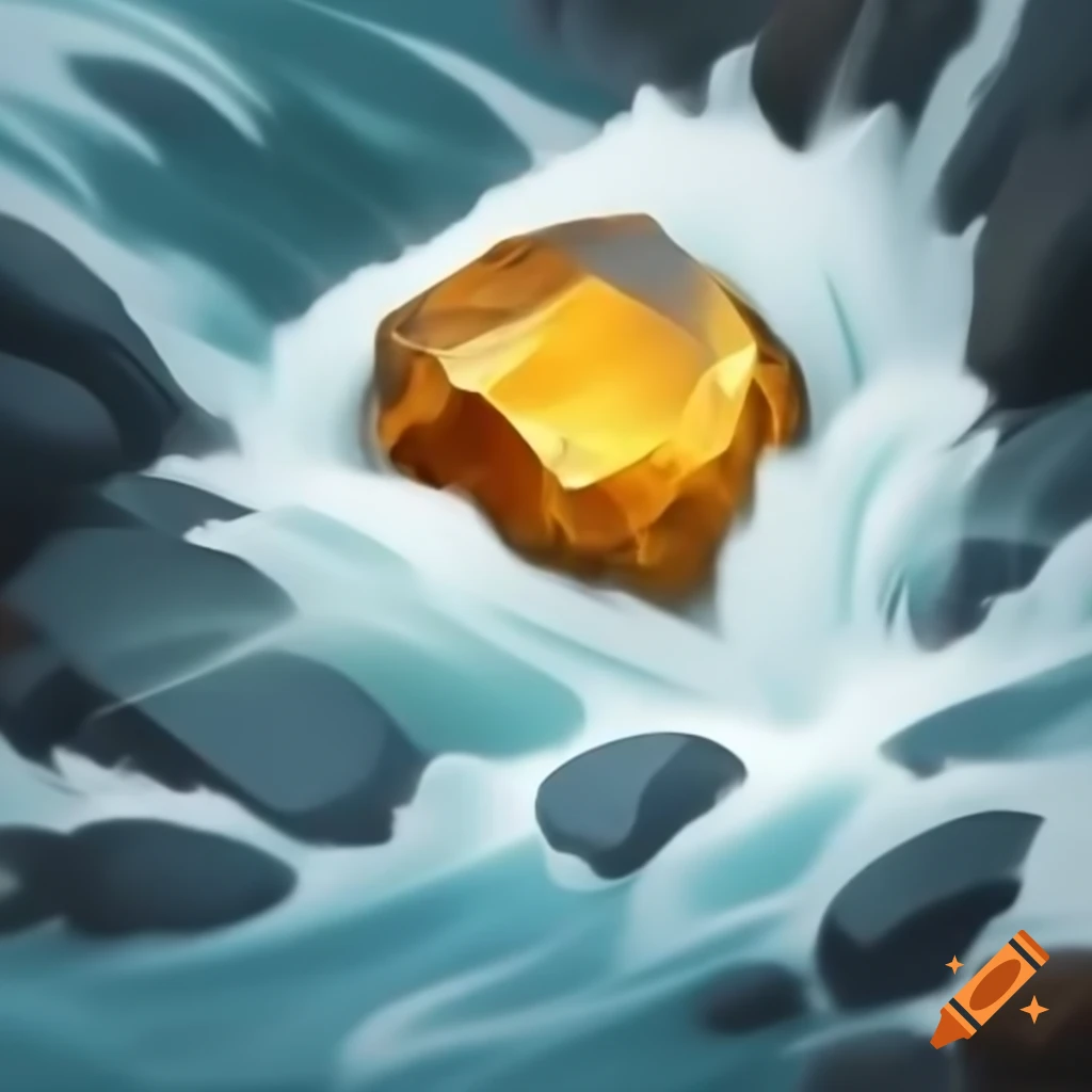 Golden shimmering white rock in fast flowing river