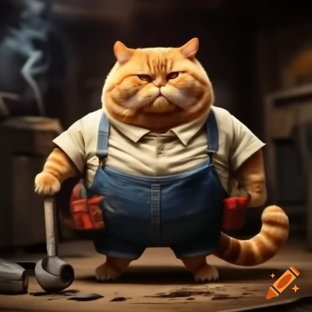 Short orange cat in mechanic clothes holding wrench