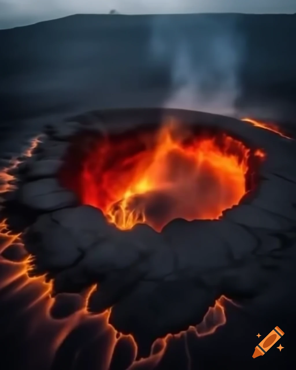 Scorched volcanic crater with flickering flames