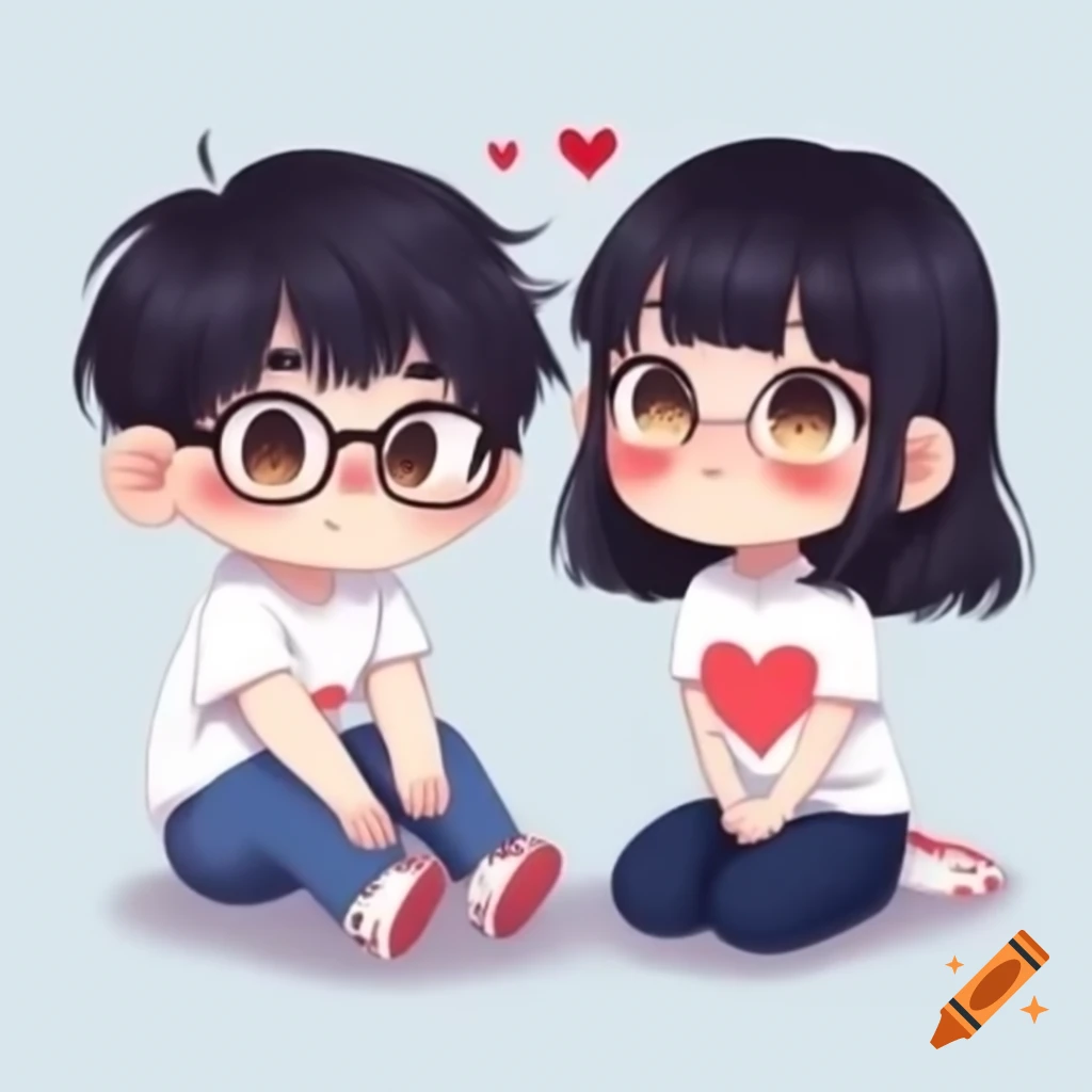 Asian boy with glasses and short dark hair sitting next to girl with glasses and ponytail