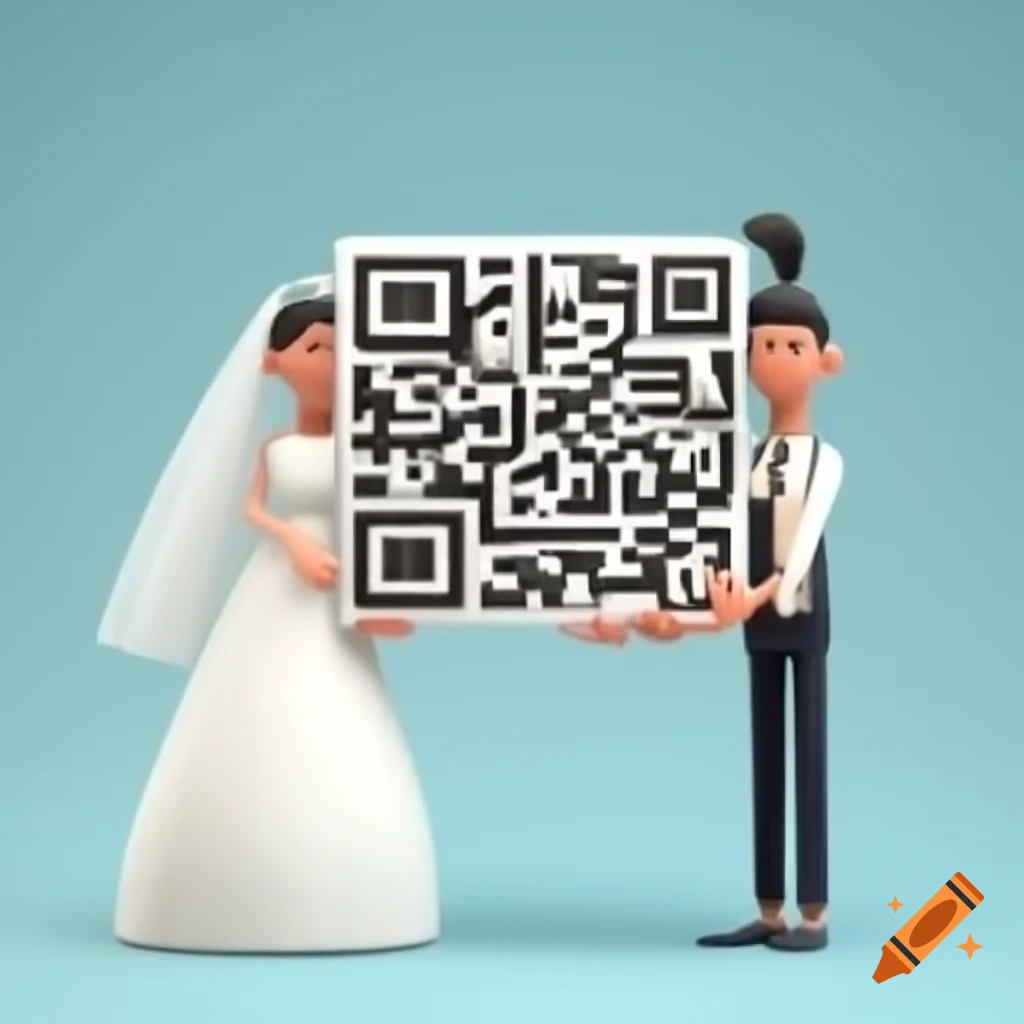 Cartoonish Indian bride and groom holding oversized QR code with playful interaction