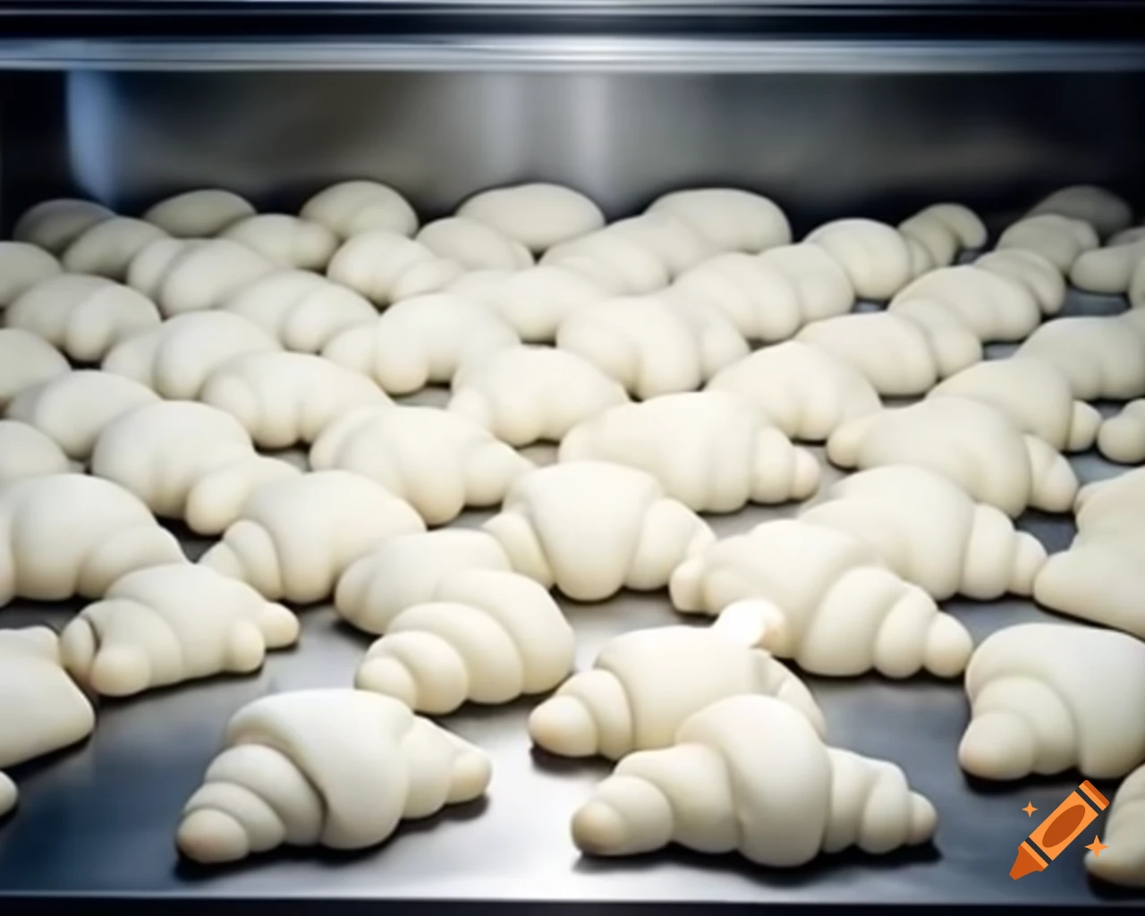 Close-up of white croissant dough on stainless steel desk in bakery kitchen