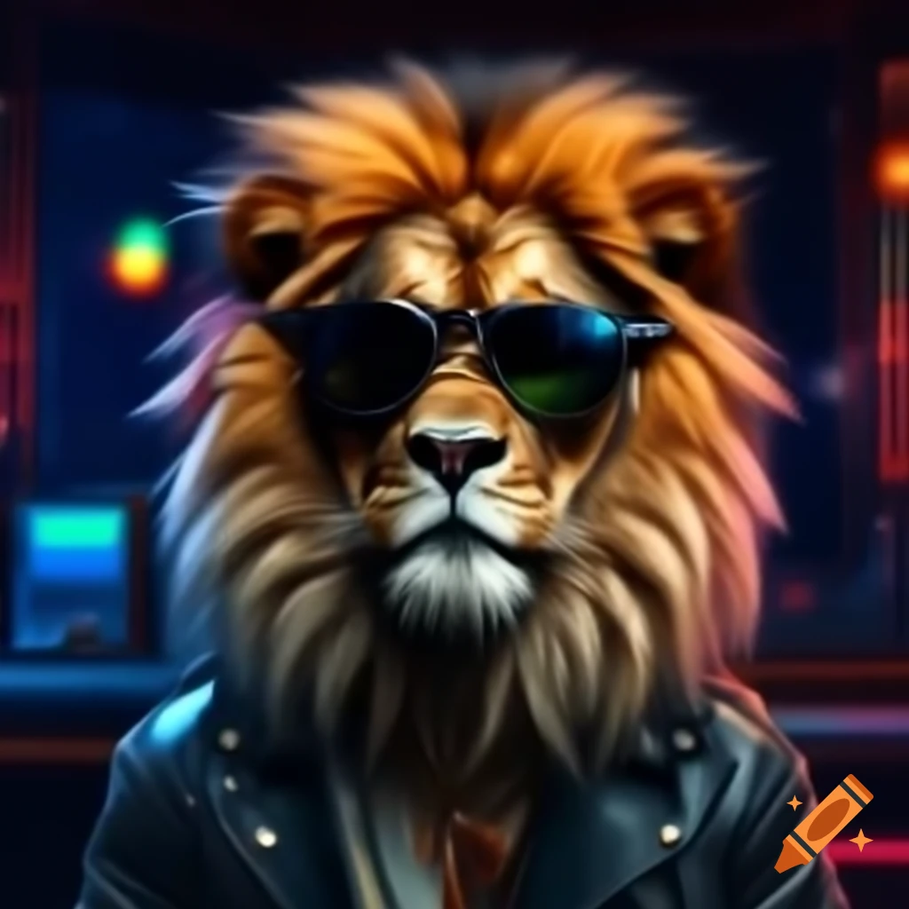 Stylized animated lion wearing sunglasses and headphones sitting in podcast chair