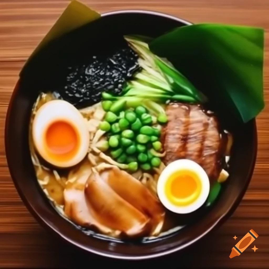 Bowl of ramen with chashu pork, corn, mushrooms, bean sprouts, green onions, seaweed, and soft-boiled egg