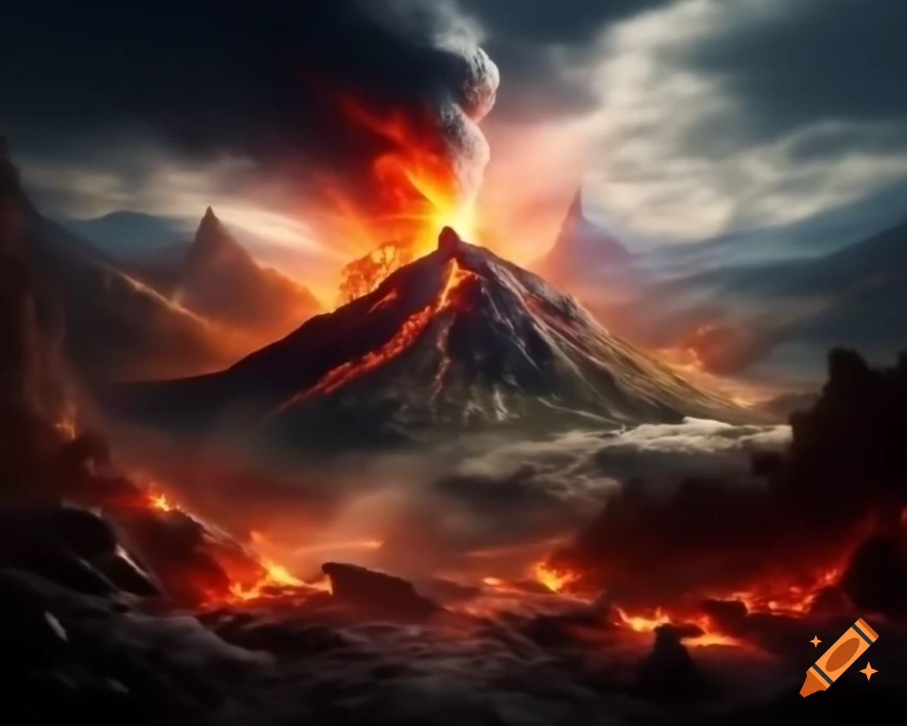 Lava flowing from volcano into valley, dramatic landscape