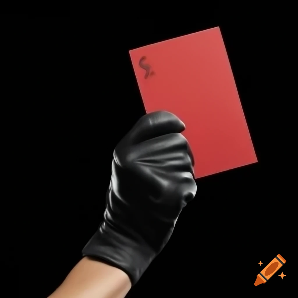 Hand in black leather glove holding a red soccer card