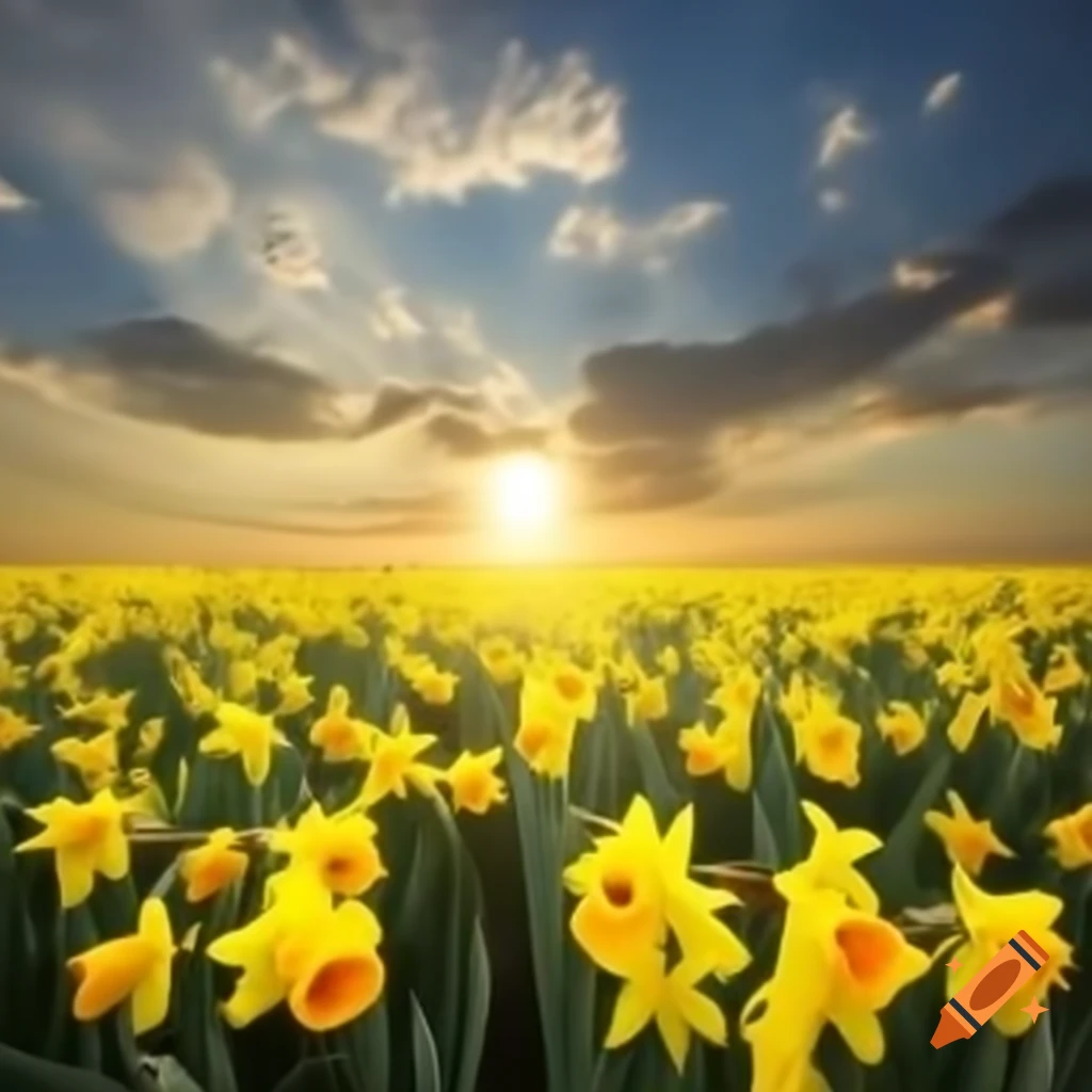 Field filled with painted Easter eggs and daffodils
