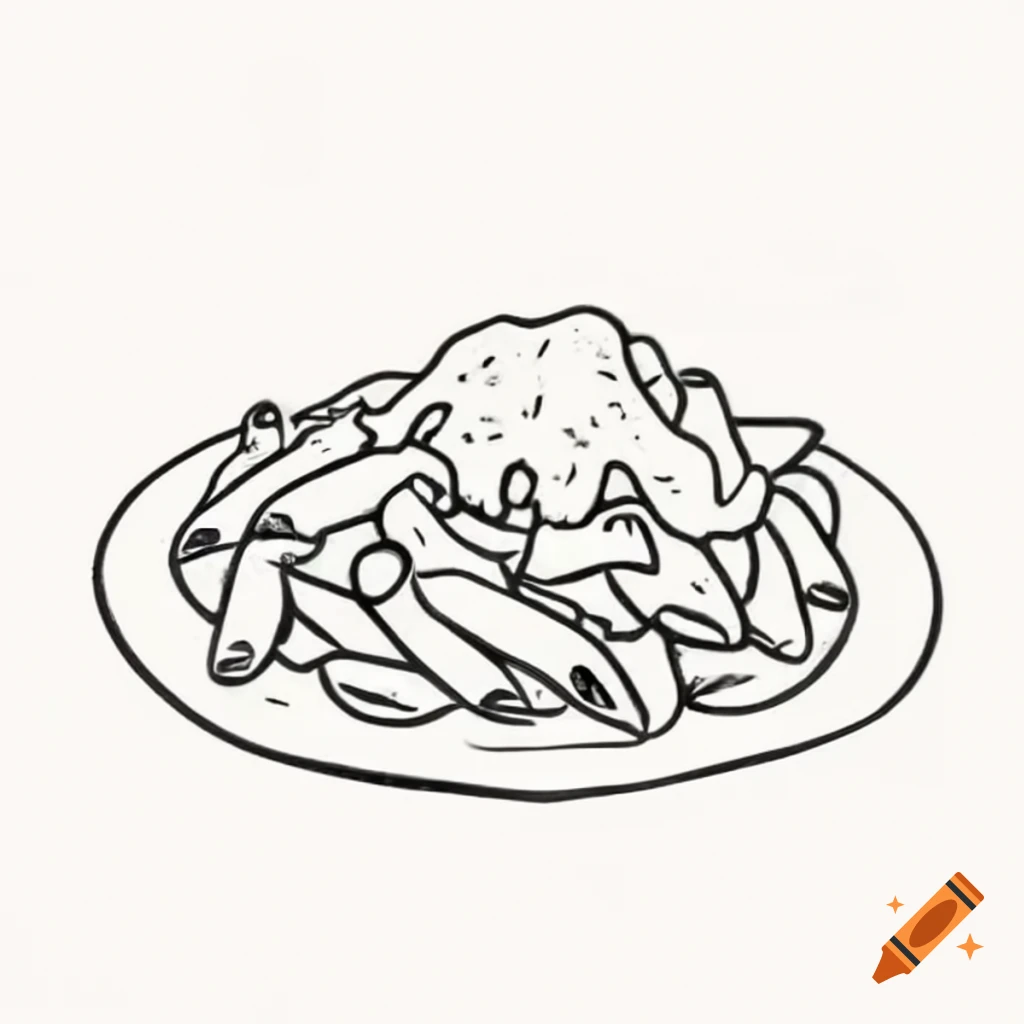 Black and white sketch of penne pasta with chicken pesto and mozzarella