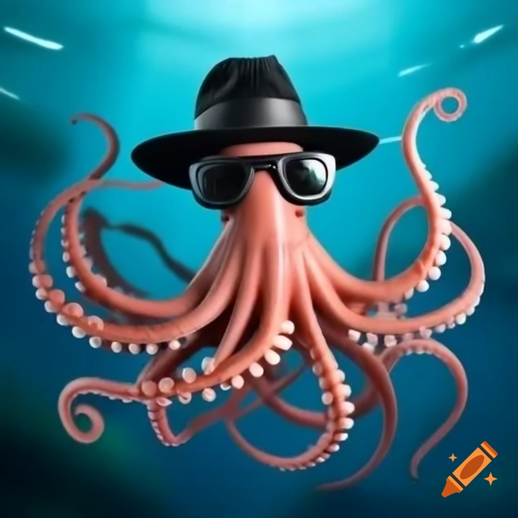 Squid wearing sunglasses and fedora swimming in abyss with a drum