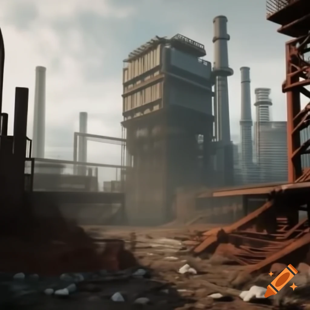 Steampunk derelict district with concrete and rusty steel buildings in ...