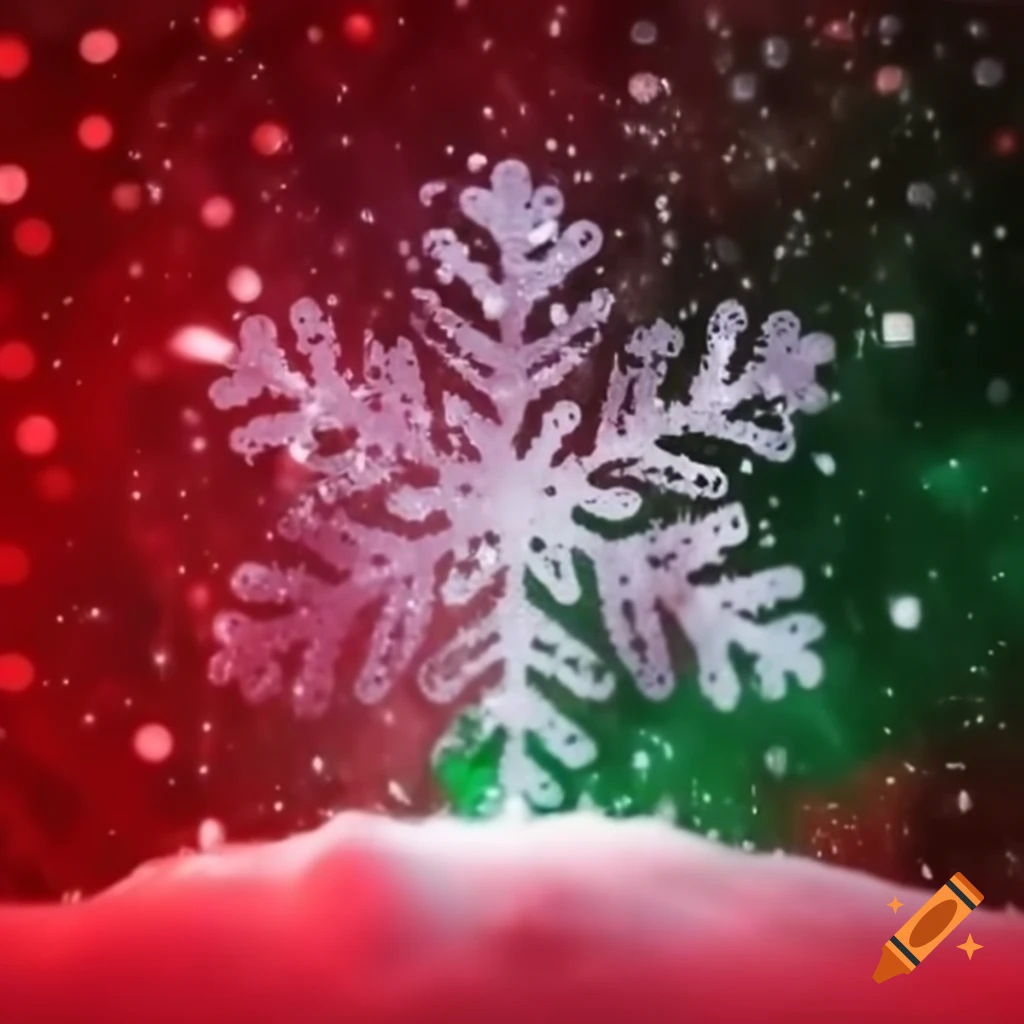 Snowflakes dancing across red and green festive backdrop