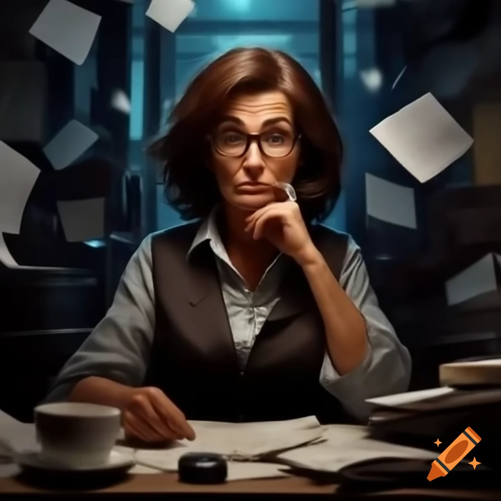 Seasoned social worker at overflowing desk with paperwork and glowing computer screen