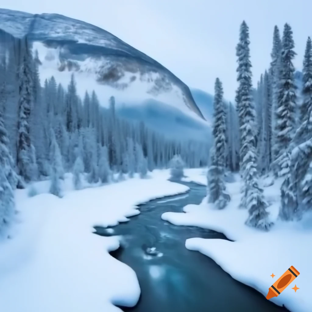 Snowy river flowing through mountains and trees on Craiyon