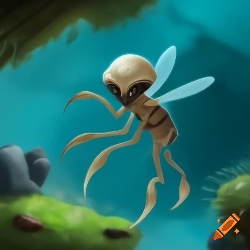 Description of a black and white alien with sharp teeth, claws, tail, and pincers on a gas planet