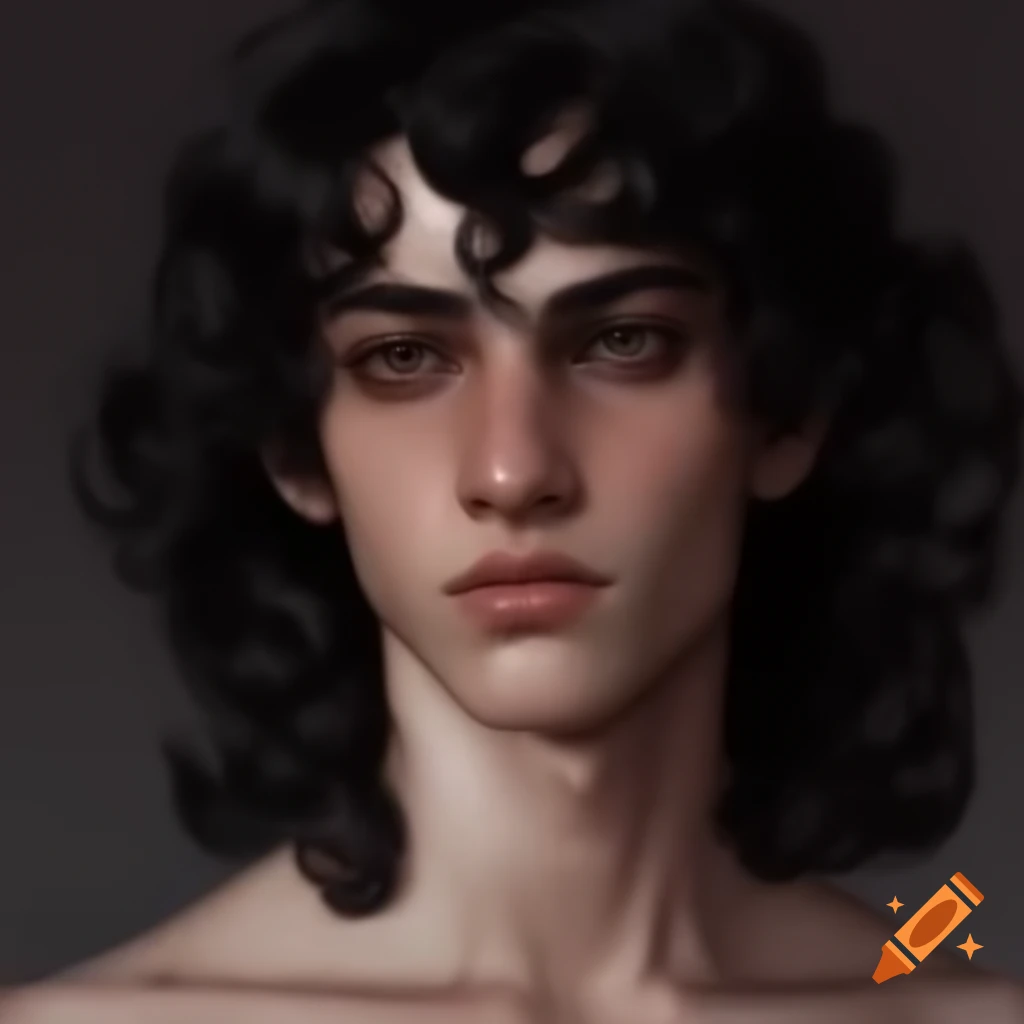 Portrait of a pale thin man with aristocratic features and long black curls, realism style