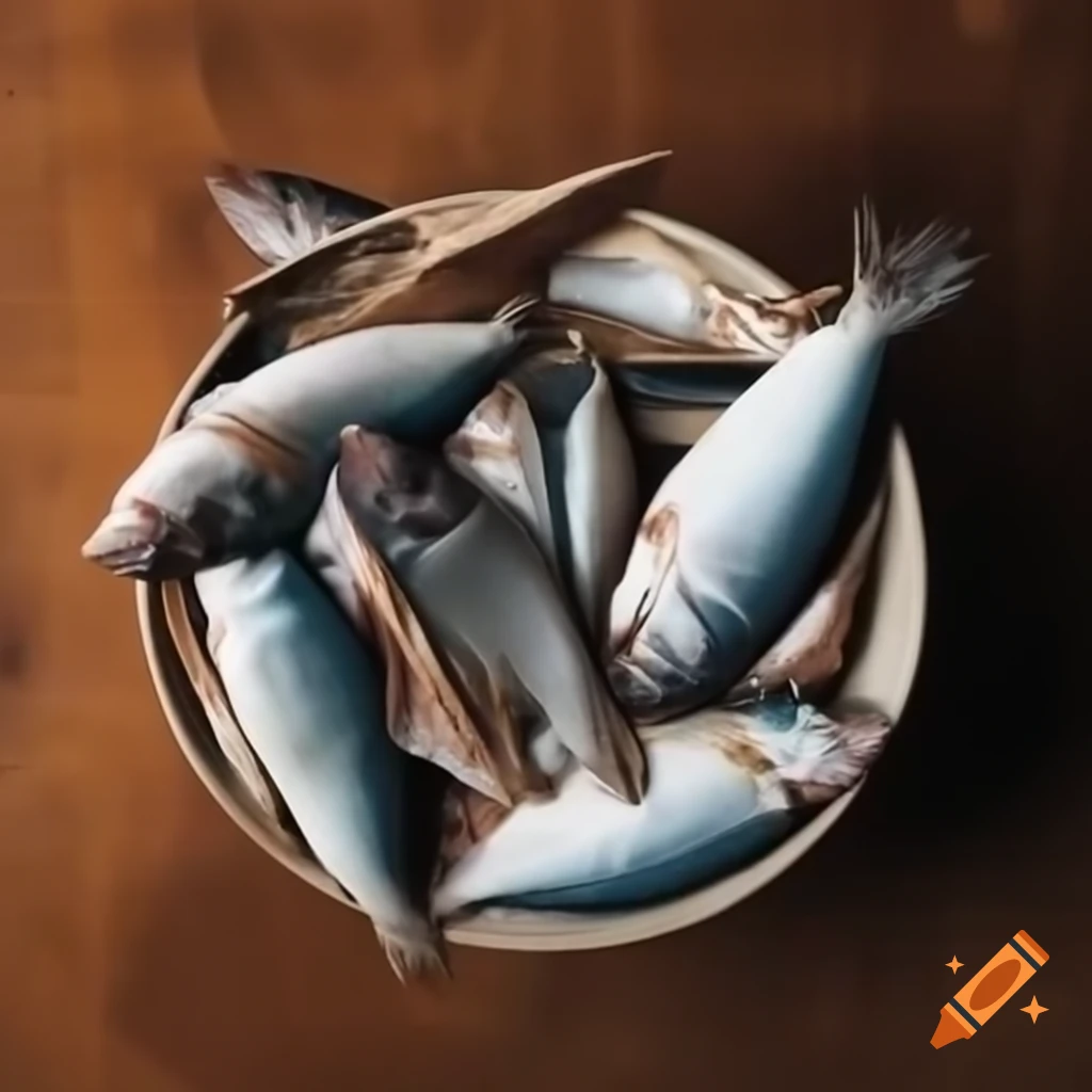Realistic depiction of dried fish in a bowl on a table