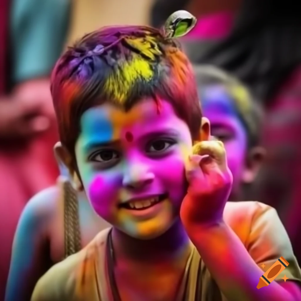 Boy named Aayush celebrating Holi festival with Lord Krishna at Vrindavan