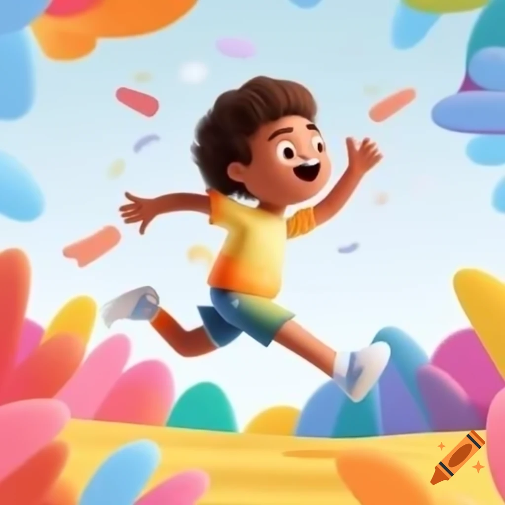 Joyful child in fun clothes running and jumping with big smile