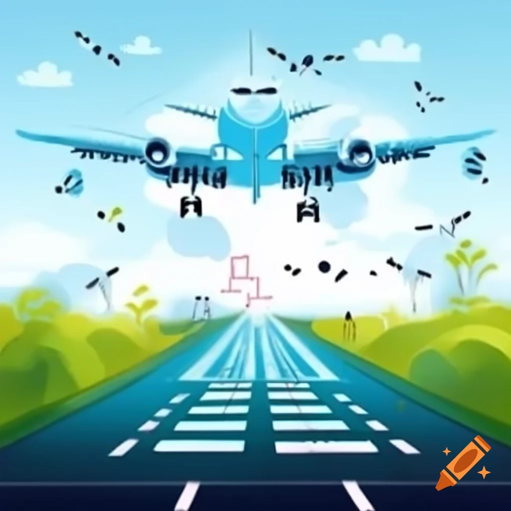 Technological illustration of an airplane landing on an infrared grid pathway with birds