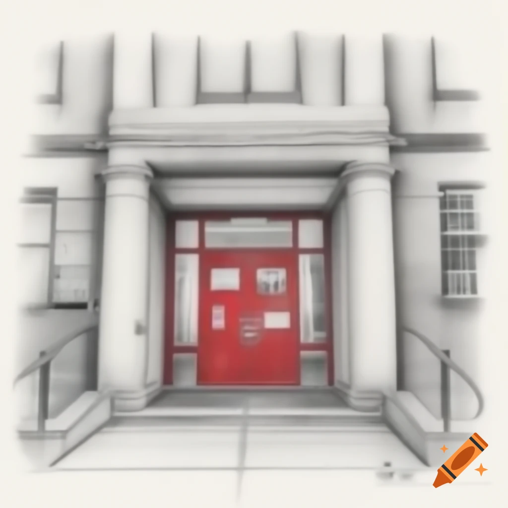 Pencil drawing of office building entrance outlined in red