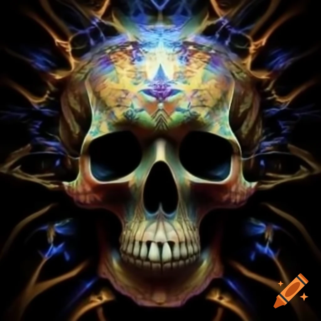 Fractal art depicting a bright bone skull with occult themes