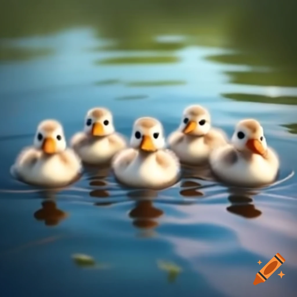 Five fluffy ducks swimming in sync on a calm pond with ripples