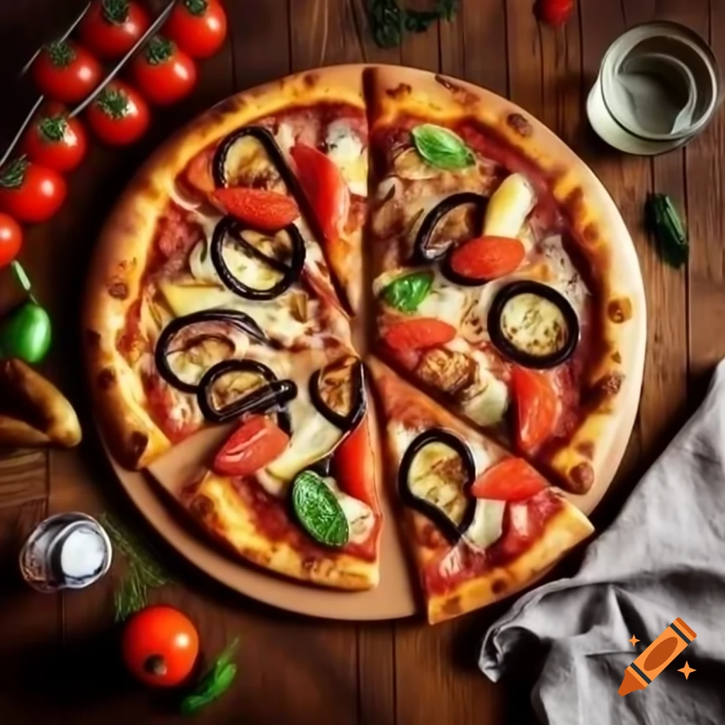 Gourmet vegetarian pizza with eggplant, tomatoes, and cheese on rustic wooden table