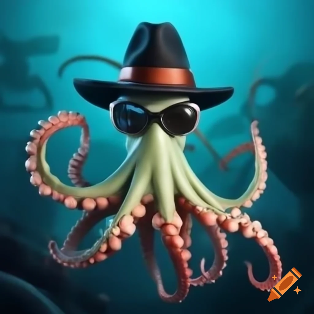 Squid wearing sunglasses and black fedora swimming in the abyss with a drum
