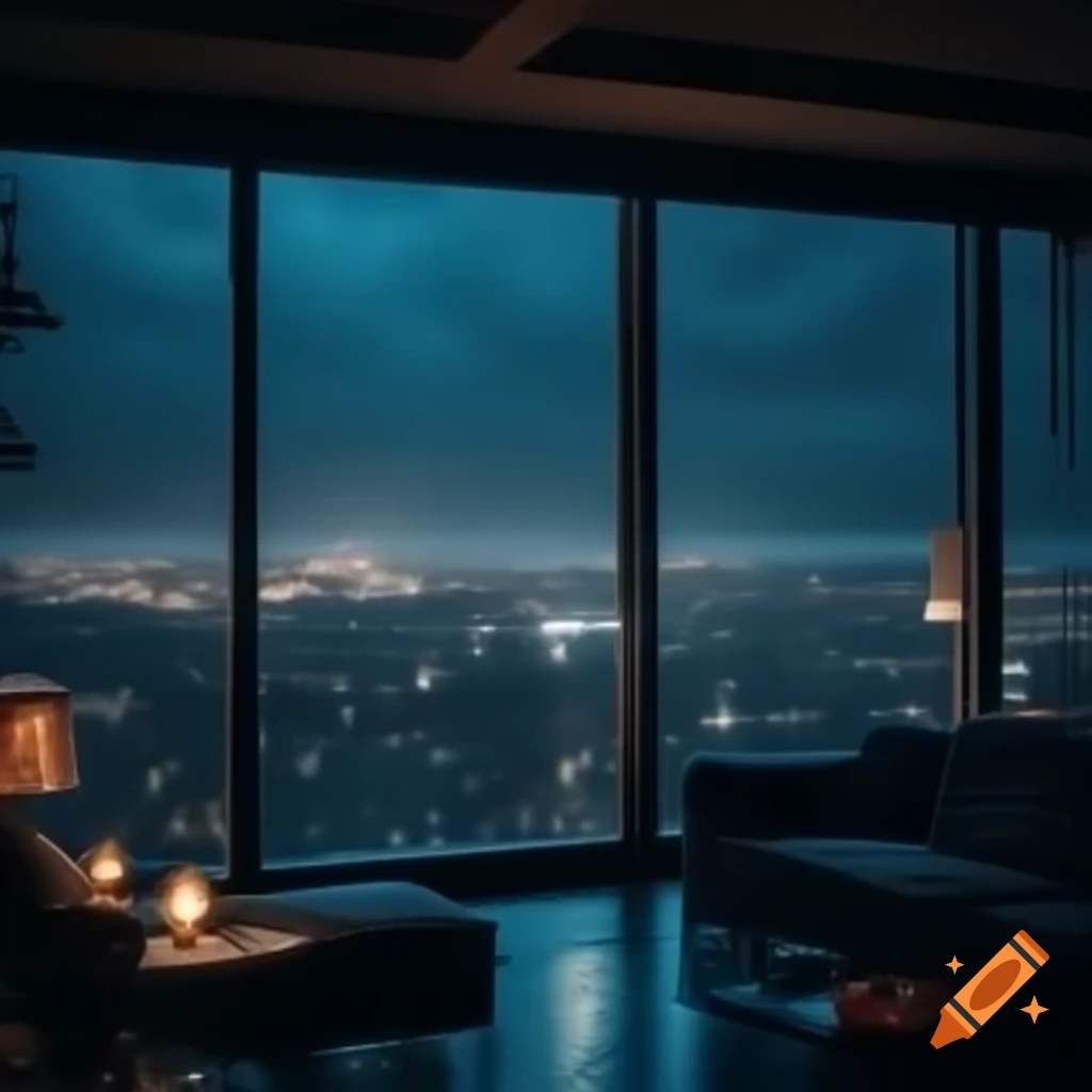 Picture of Luxurious penthouse with city view at night, rain on windows, moody ...