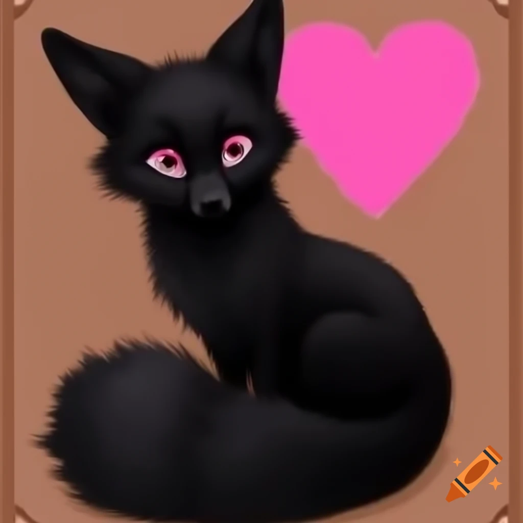 Valentine's card with black furry fox and pink heart