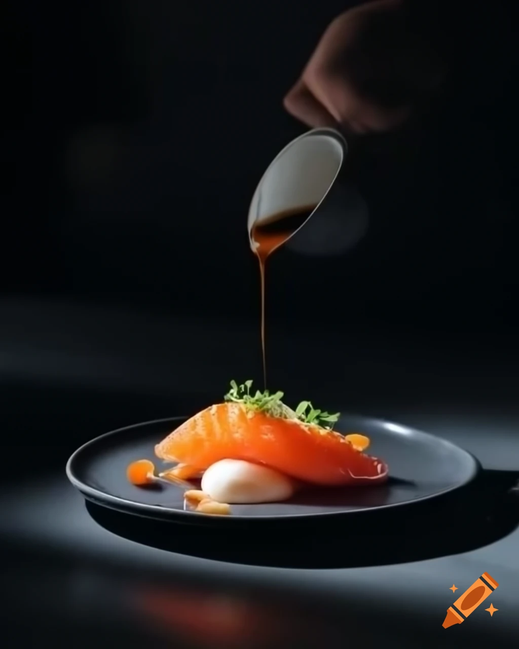 Gourmet dish featuring fresh salmon slices on soy sauce gelato in elegant presentation