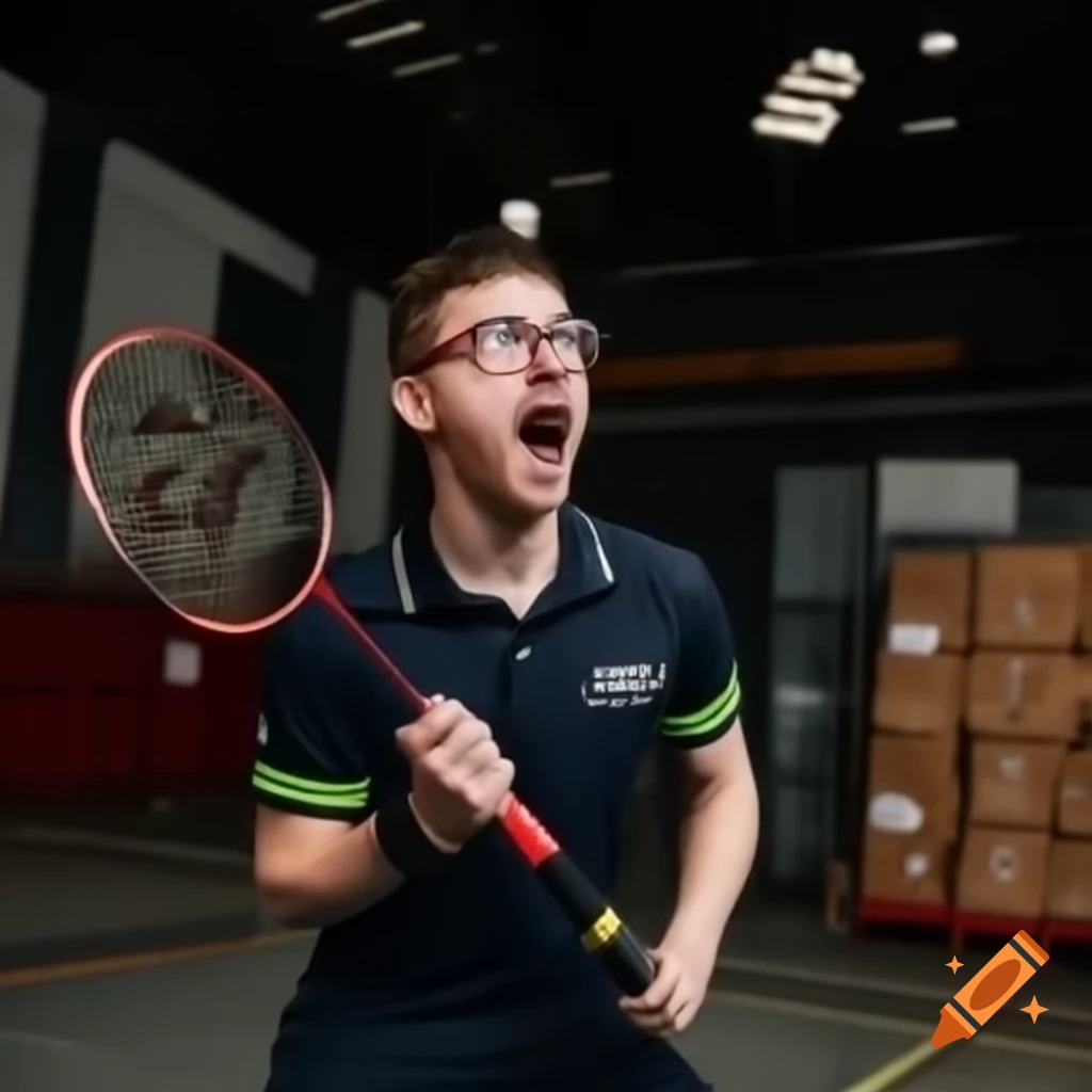 Young firefighter playing badminton in a warehouse, shouting and jumping