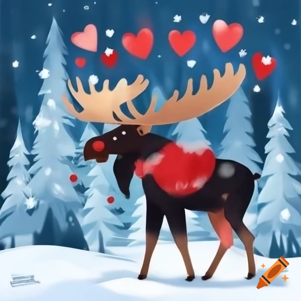 Moose in snowy forest with red hearts for Valentine's Day