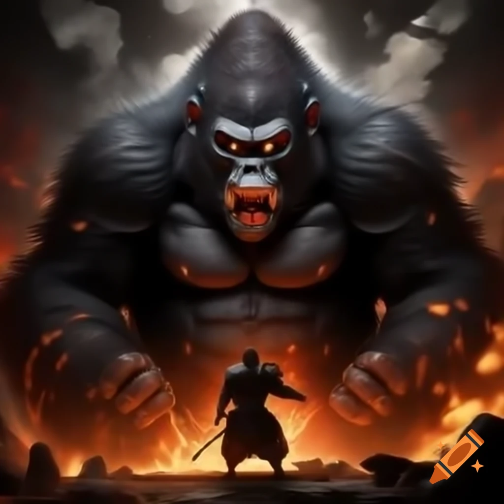 Samurai gorilla in hand-to-hand combat with demonic humanoid fire character