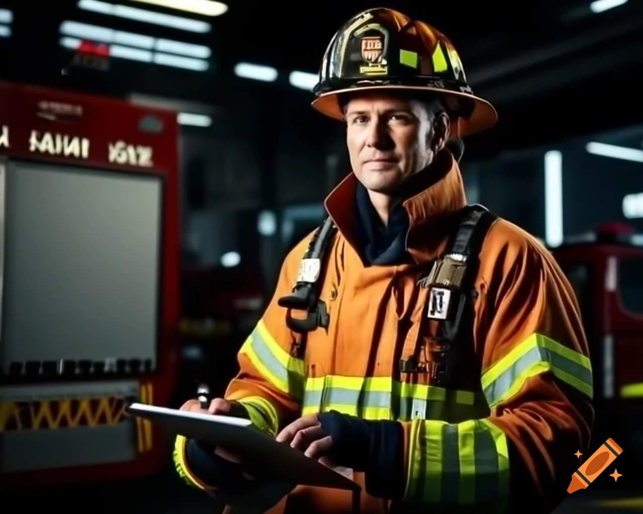 Professional fire safety inspector in yellowish-orange PPE suit and high-visibility vest