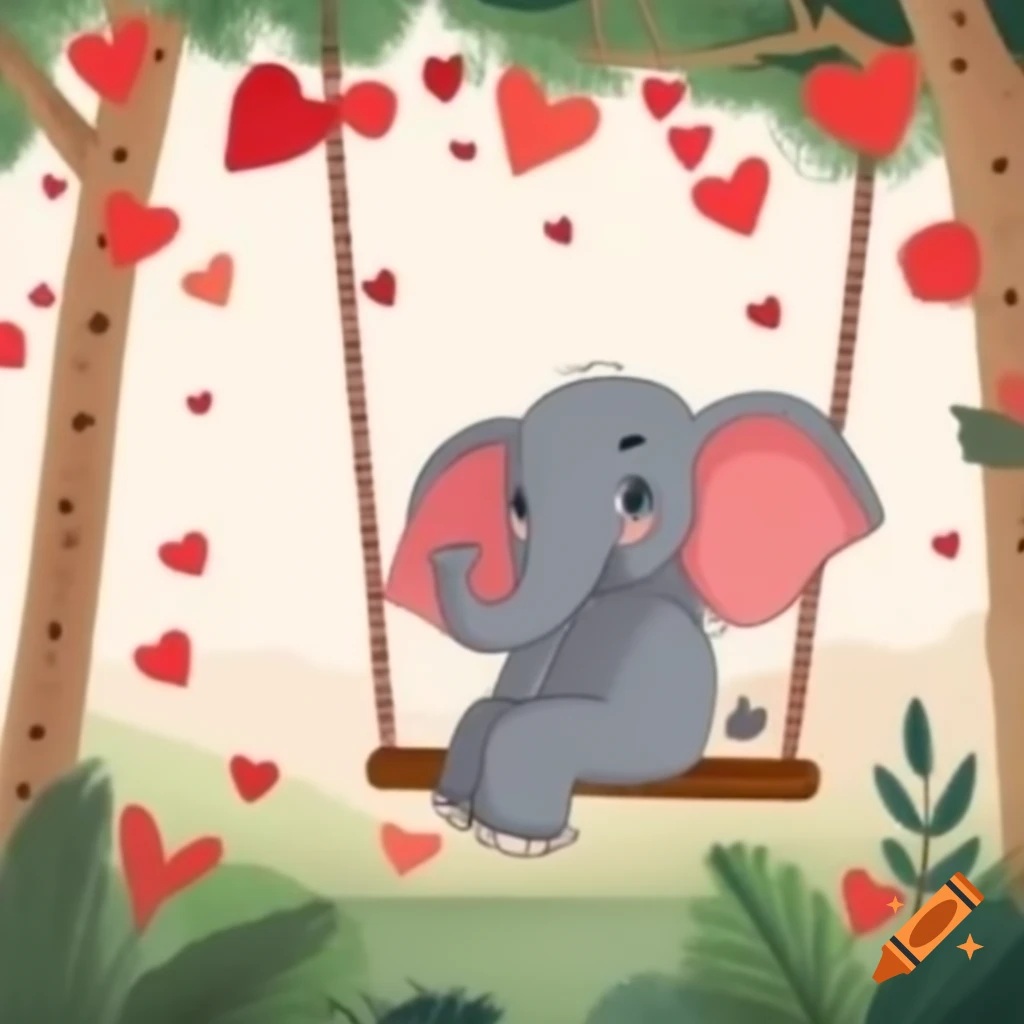 Elephant on a swing themed for Valentine's Day